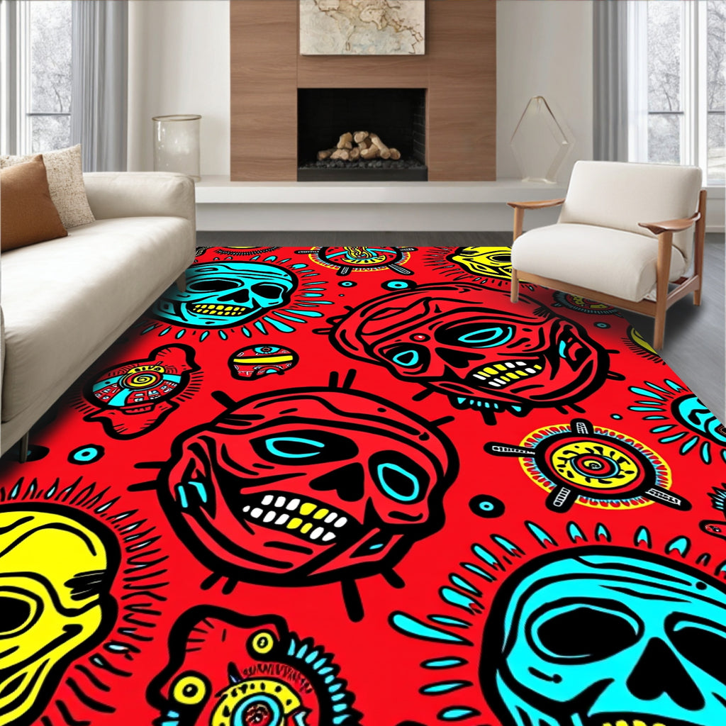 Bold Red Skull Sunburst Rug