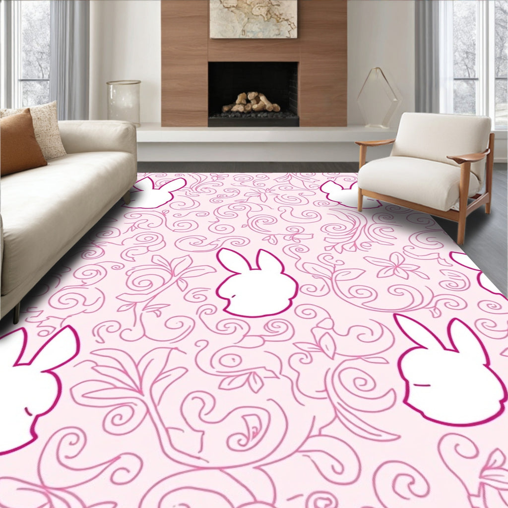 Pink Bunny Swirl Floral Rug