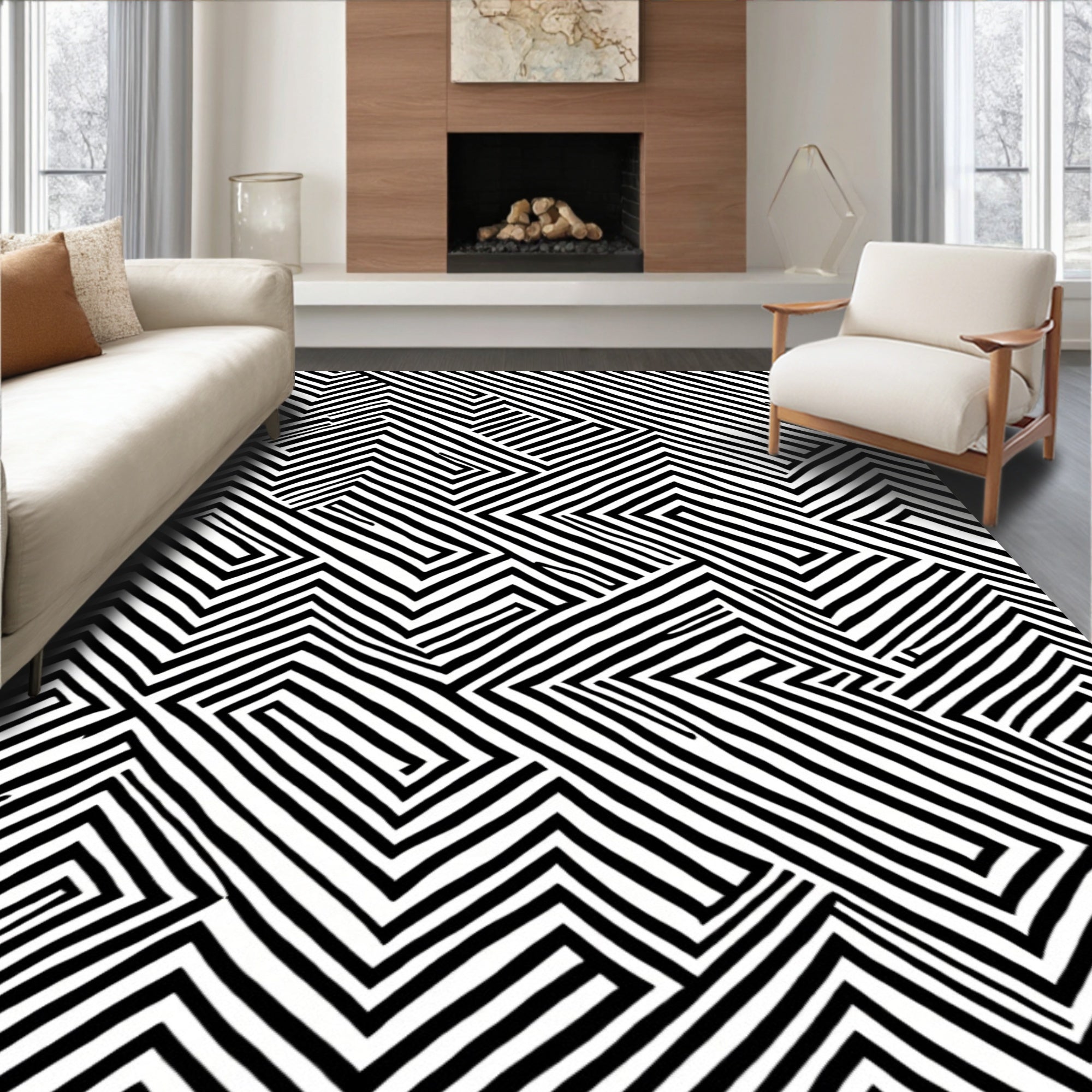 Black White Linear Maze Rug