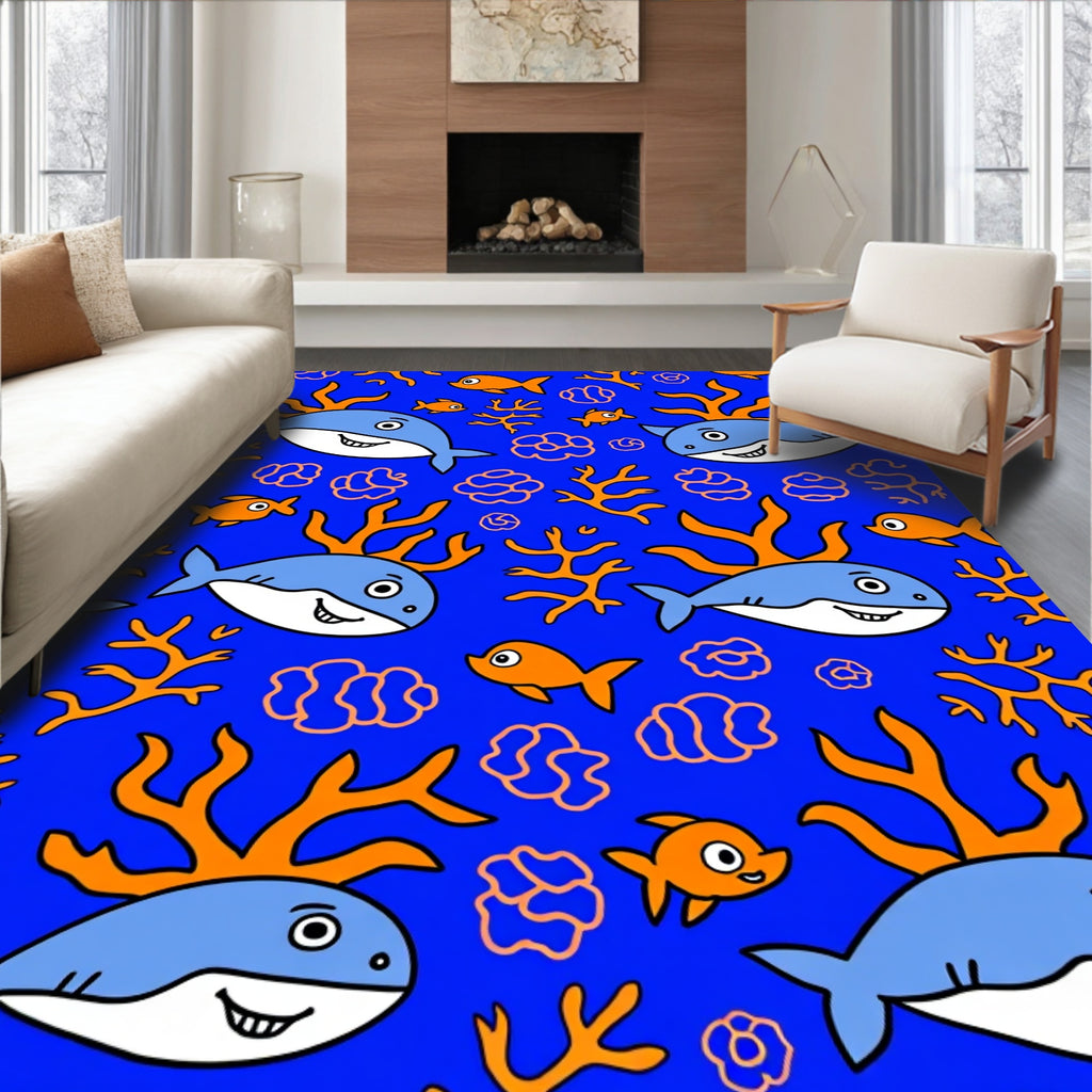Cheerful Blue Ocean Shark Coral Friends Rug