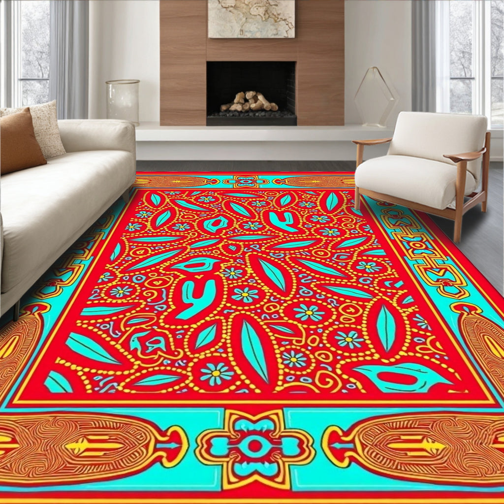 Vibrant Red Turquoise Floral Meadow Rug