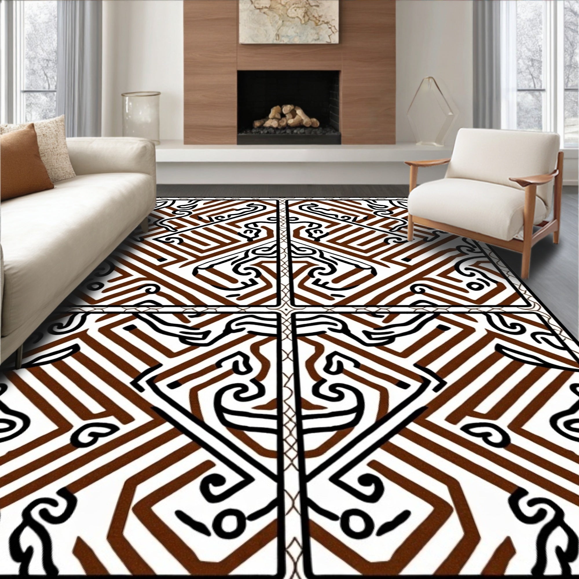 Abstract Brown Lines Organic Shapes Rug