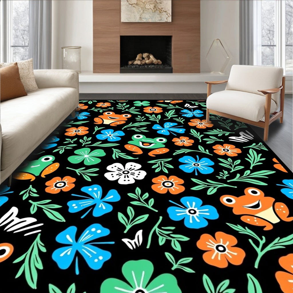 Playful Frogs and Flowers Black Background Rug