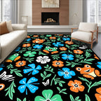 Playful Frogs and Flowers Black Background Rug