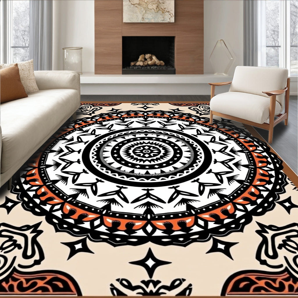 Bold Orange Black Mandala Medallion Rug