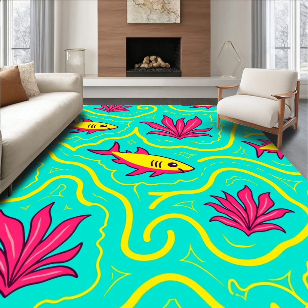 Coral Pink Yellow Ocean Waves Rug