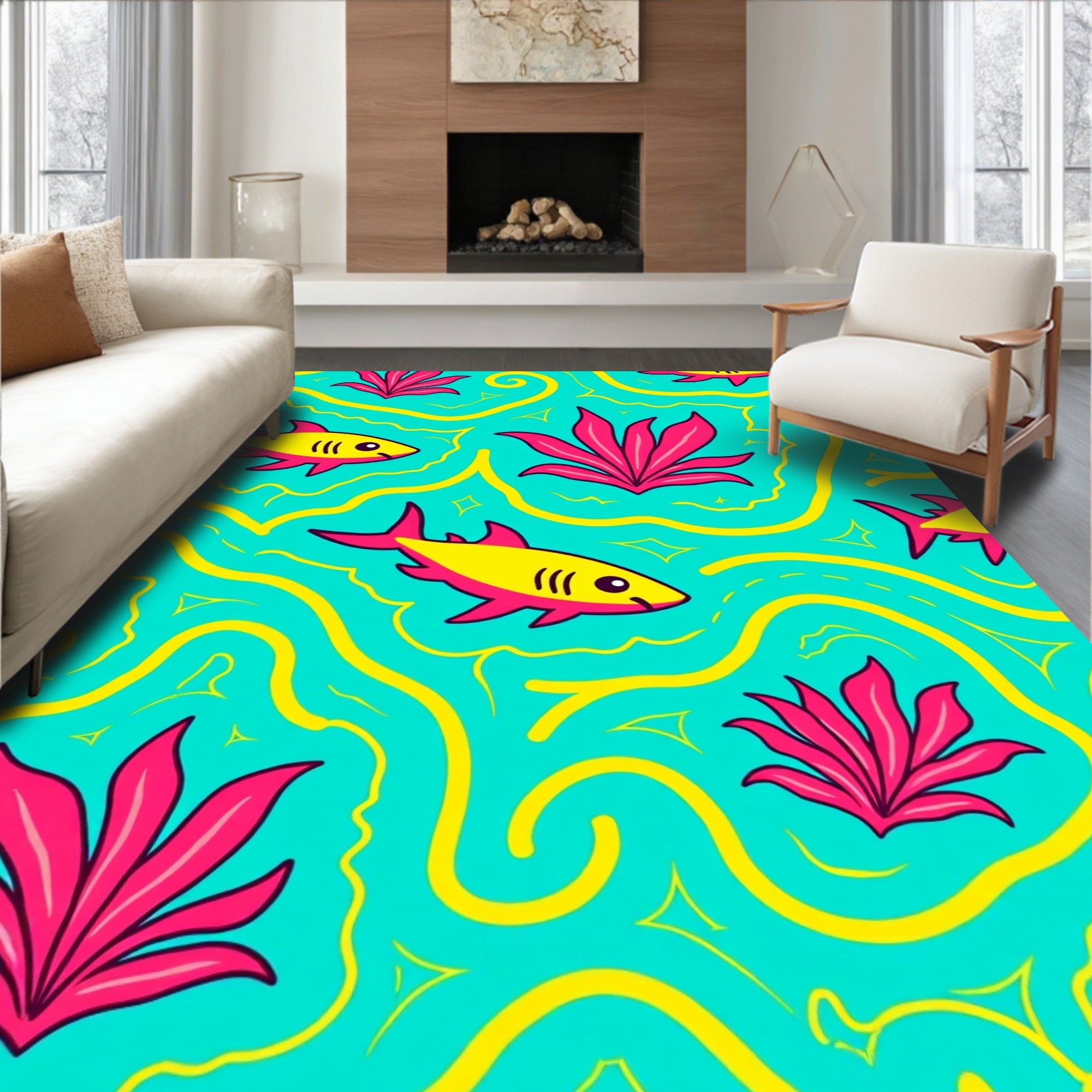 Coral Pink Yellow Ocean Waves Rug