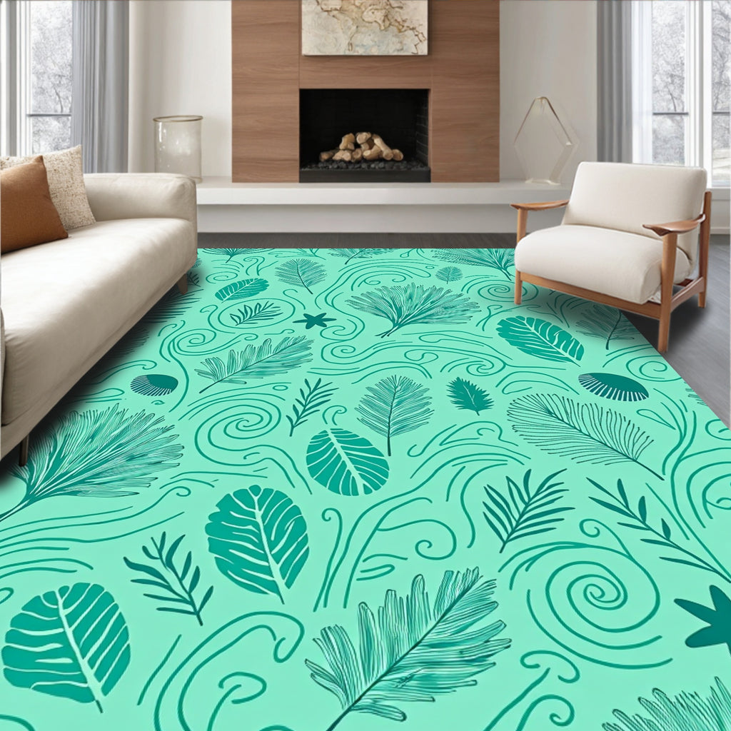 Teal Tropical Foliage Swirl Rug