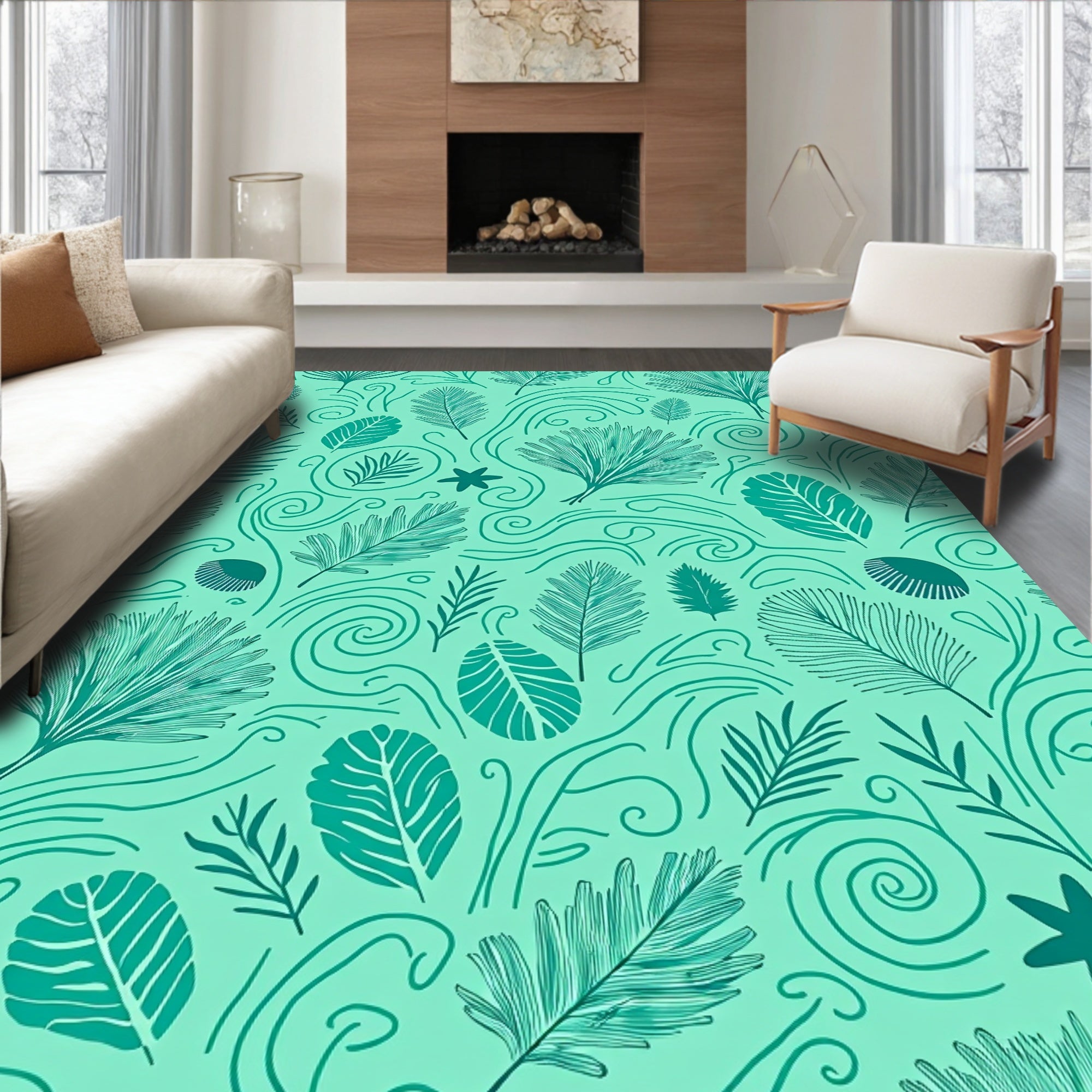Teal Tropical Foliage Swirl Rug