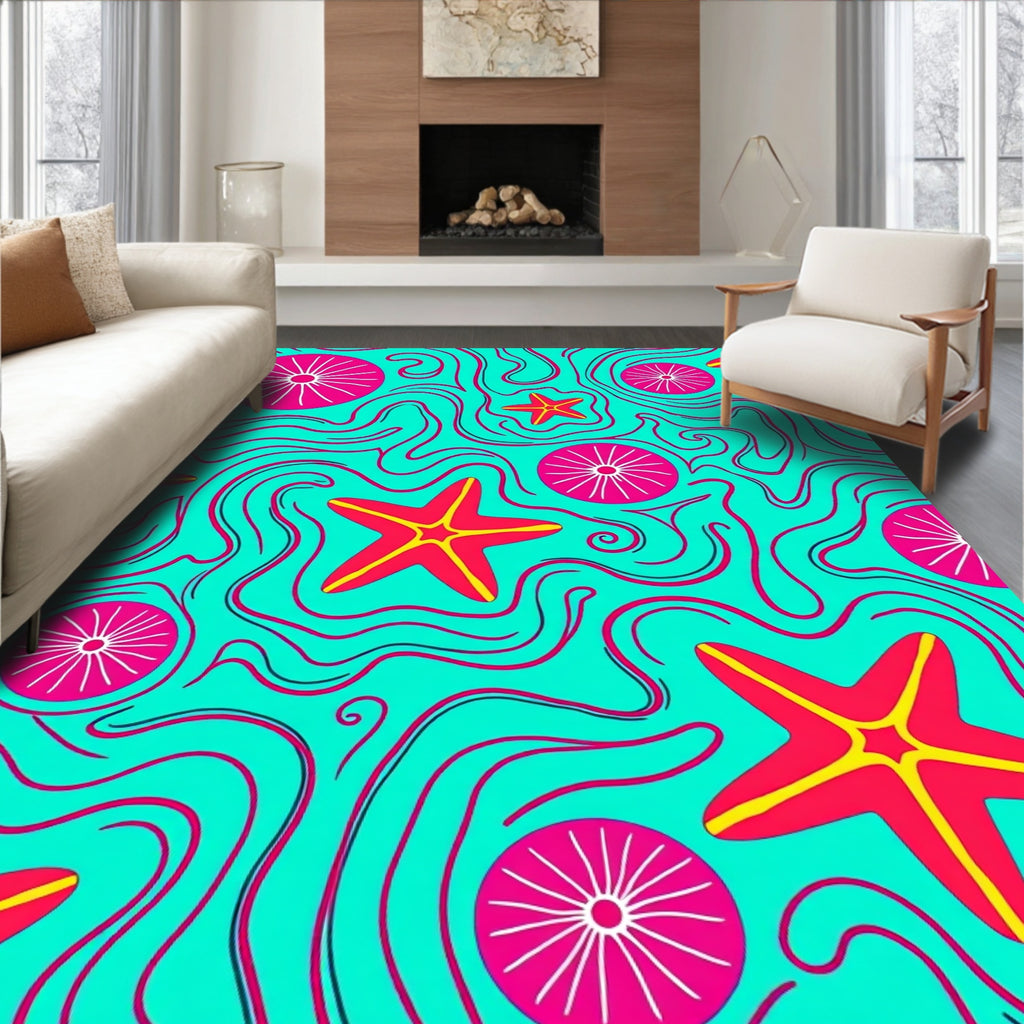 Aqua Starfish Whimsical Swirl Rug