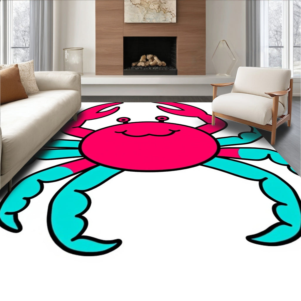 Whimsical Pink Teal Crab Illustration Rug