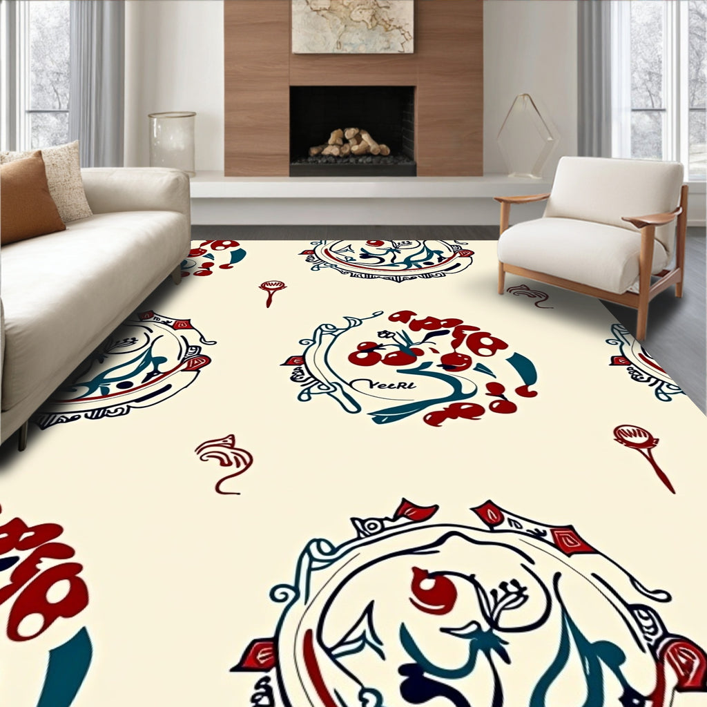 Red Blue Floral Medallion Cream Rug