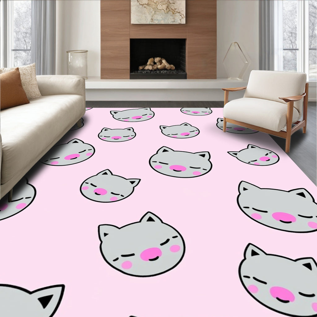 Sweet Gray Kitty Faces Pink Background Rug