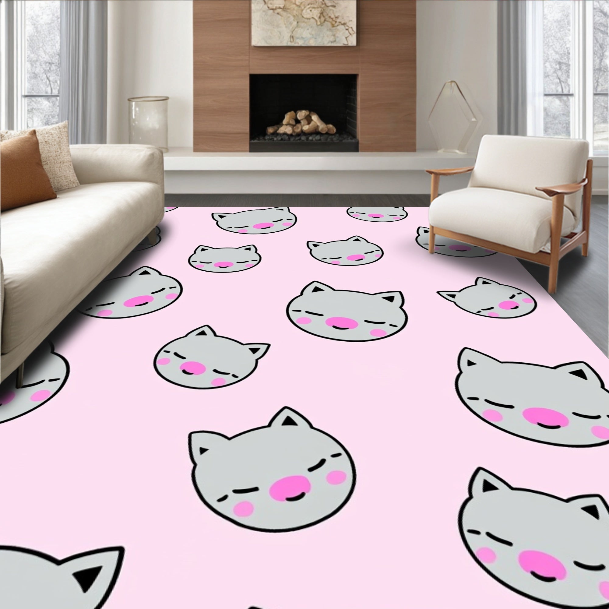 Sweet Gray Kitty Faces Pink Background Rug