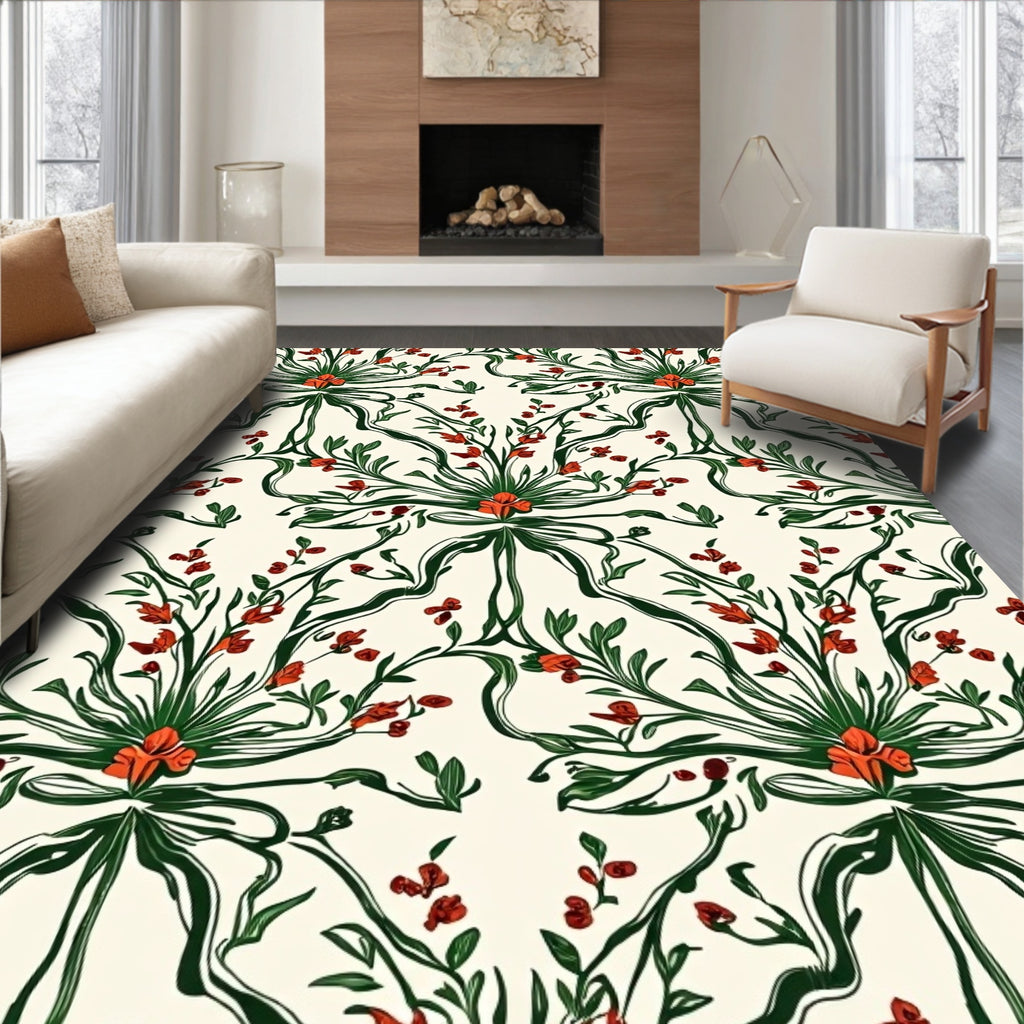 Whimsical Red Floral Ribbon Vines Rug