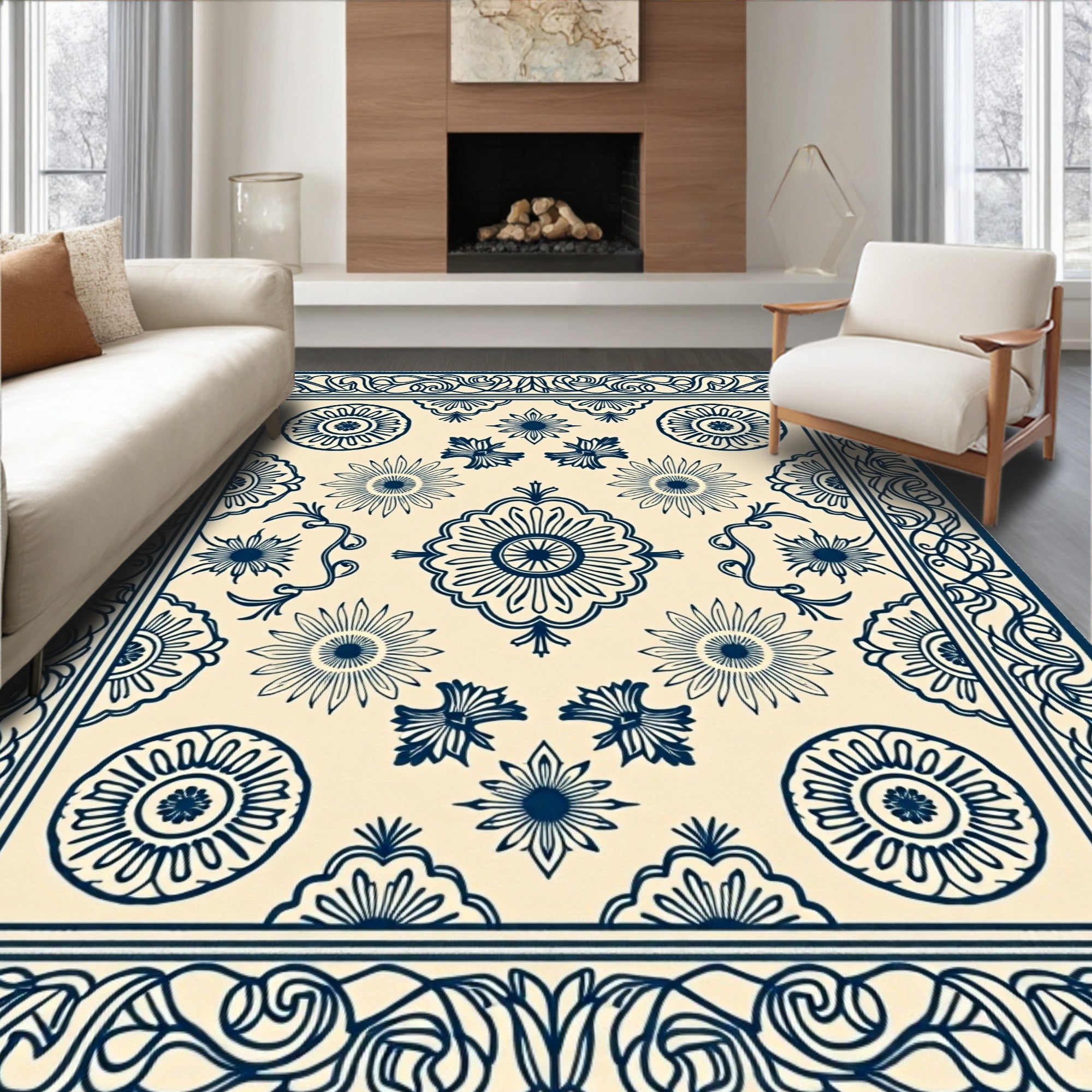 Deep Blue Sunburst Cream Textile Rug