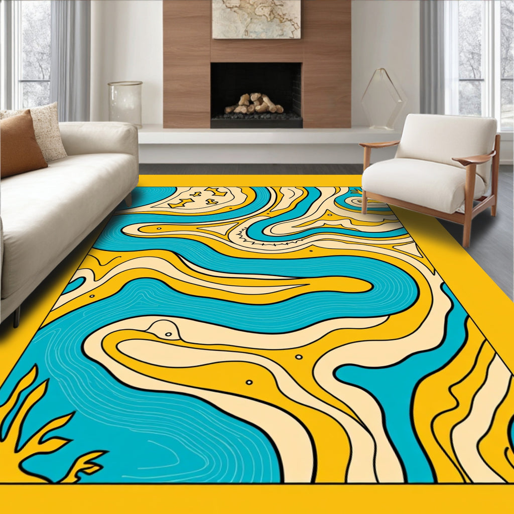 Retro Blue Yellow Swirling Waves Rug