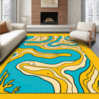 Retro Blue Yellow Swirling Waves Rug