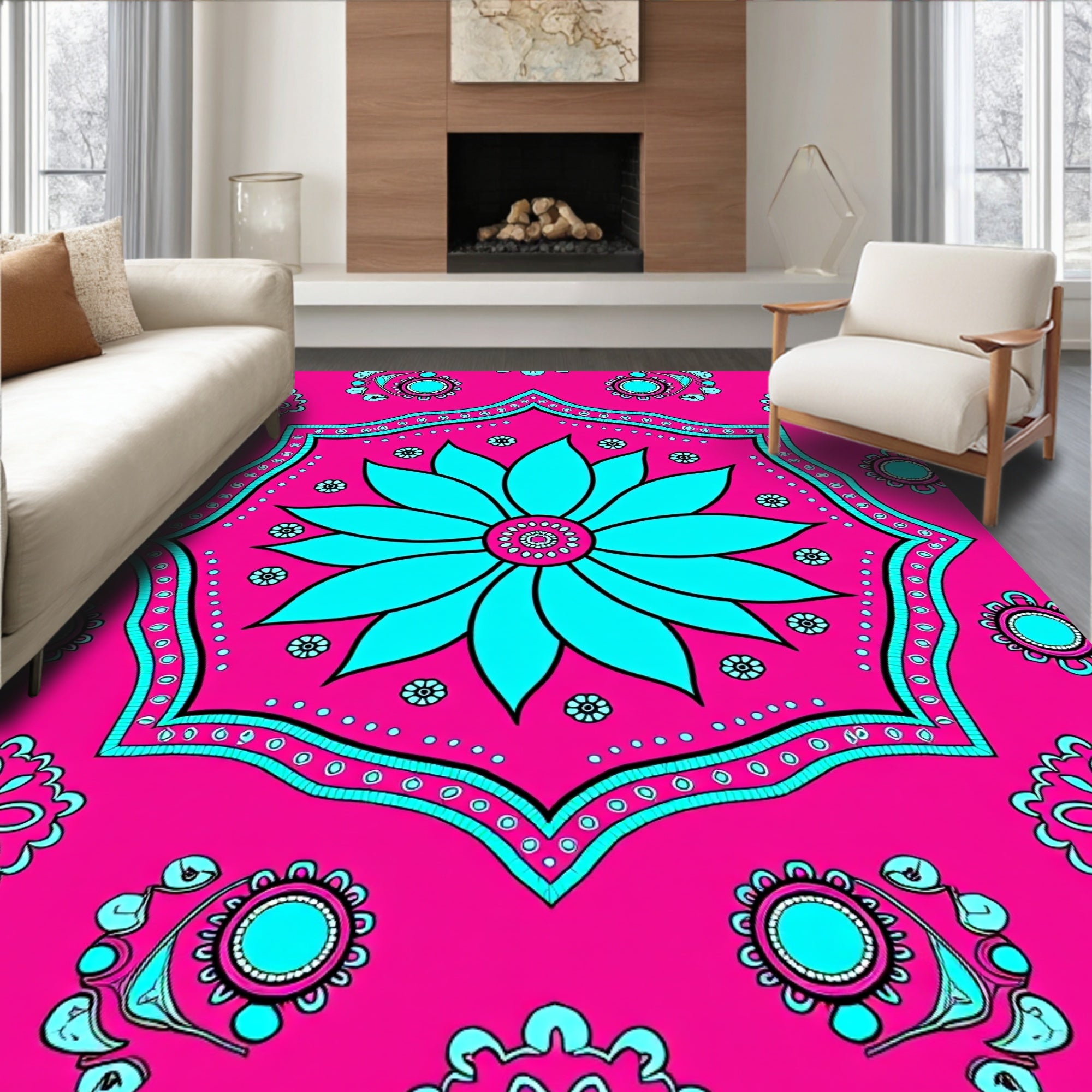 Vibrant Teal Floral Mandala Design Rug