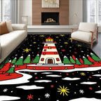 Festive Lighthouse Amidst Snowy Night Sky Rug