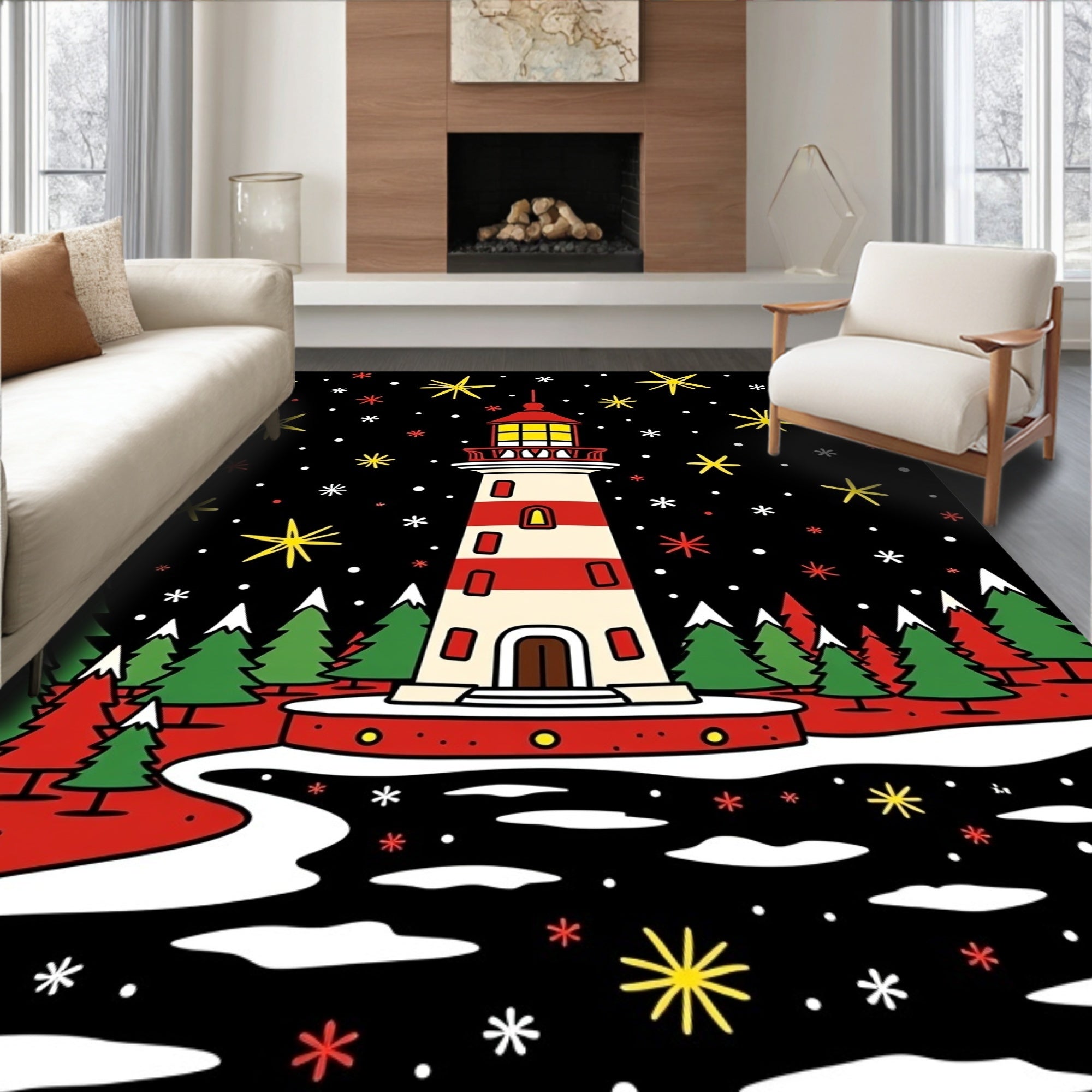 Festive Lighthouse Amidst Snowy Night Sky Rug