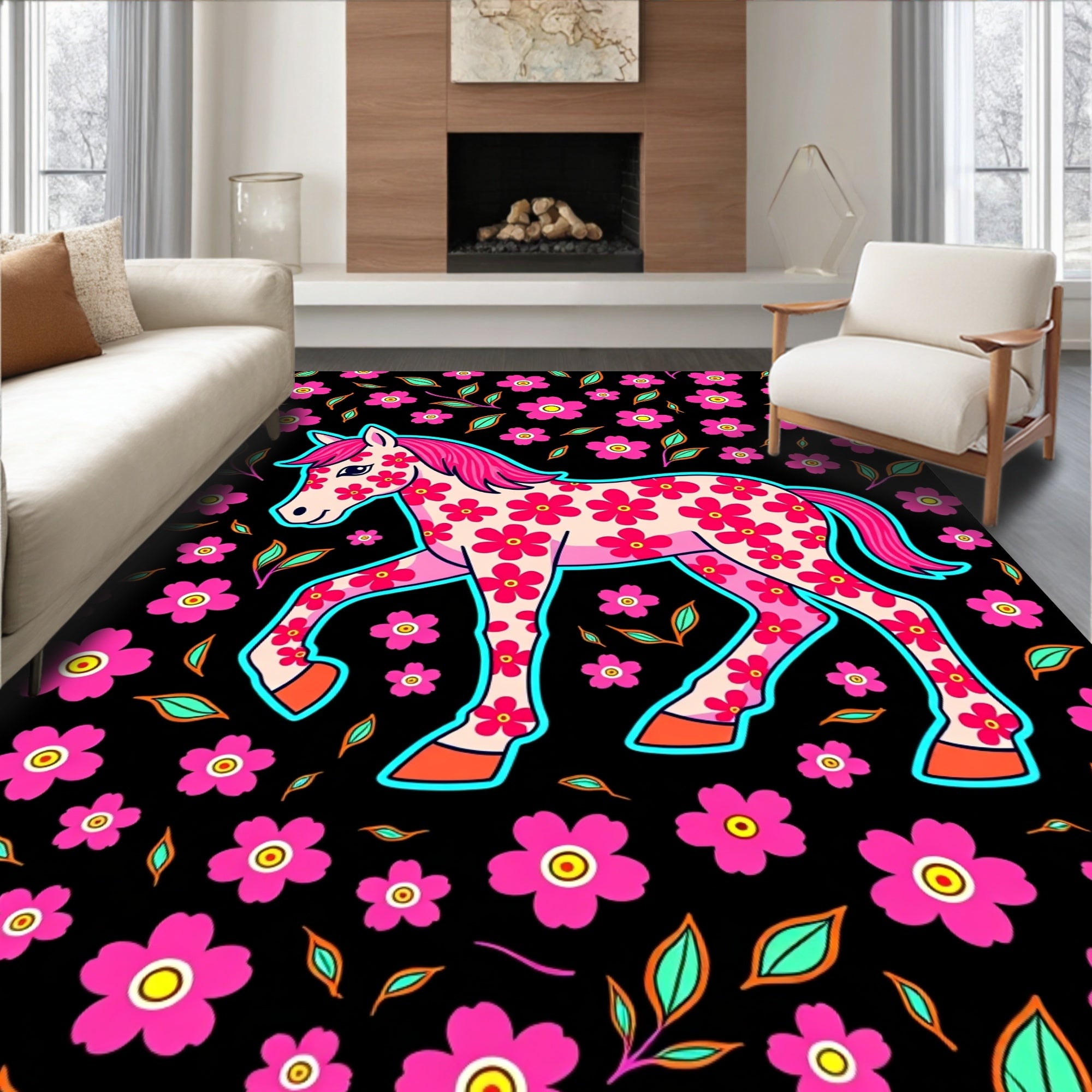 Pink Floral Horse On Black Background Rug