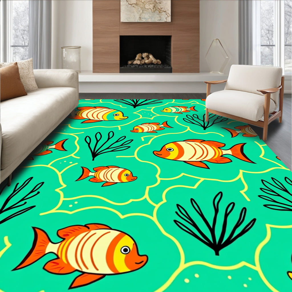 Coral Stripe Fish Ocean Scene Rug