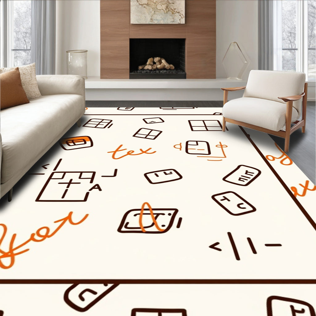 Orange White Scattered Blueprint Icons Rug
