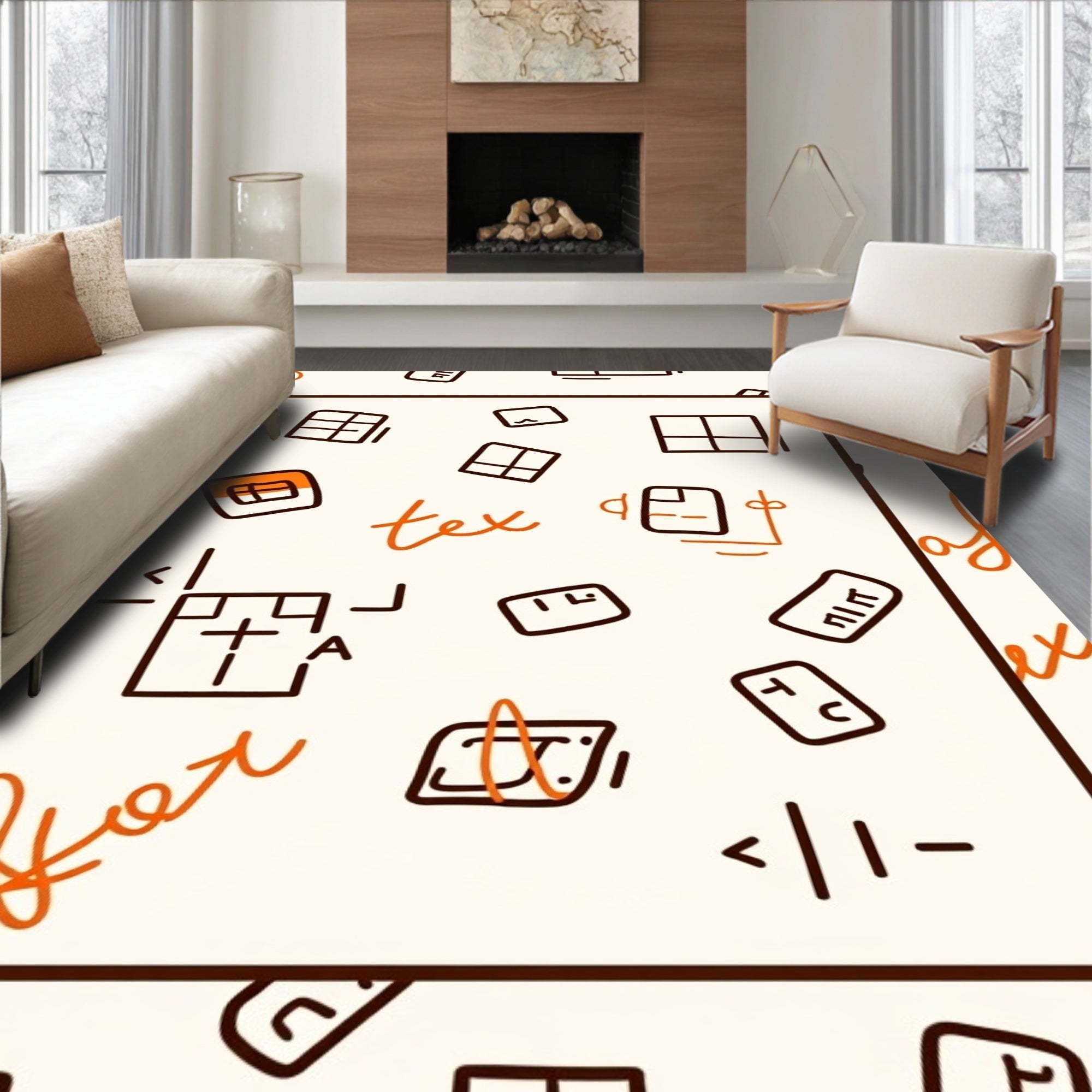 Orange White Scattered Blueprint Icons Rug