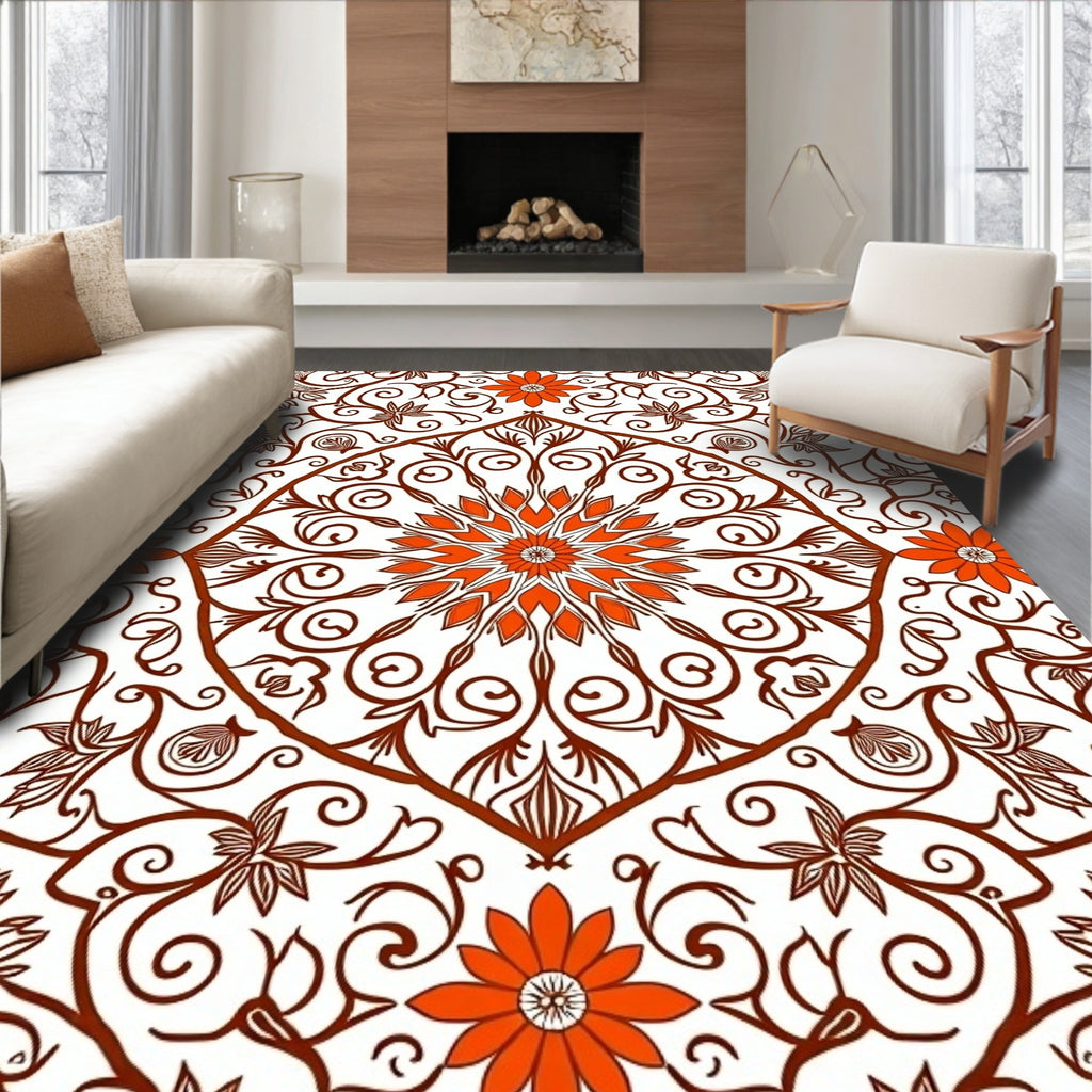 Orange Floral Mandala Scrollwork Medallion Rug