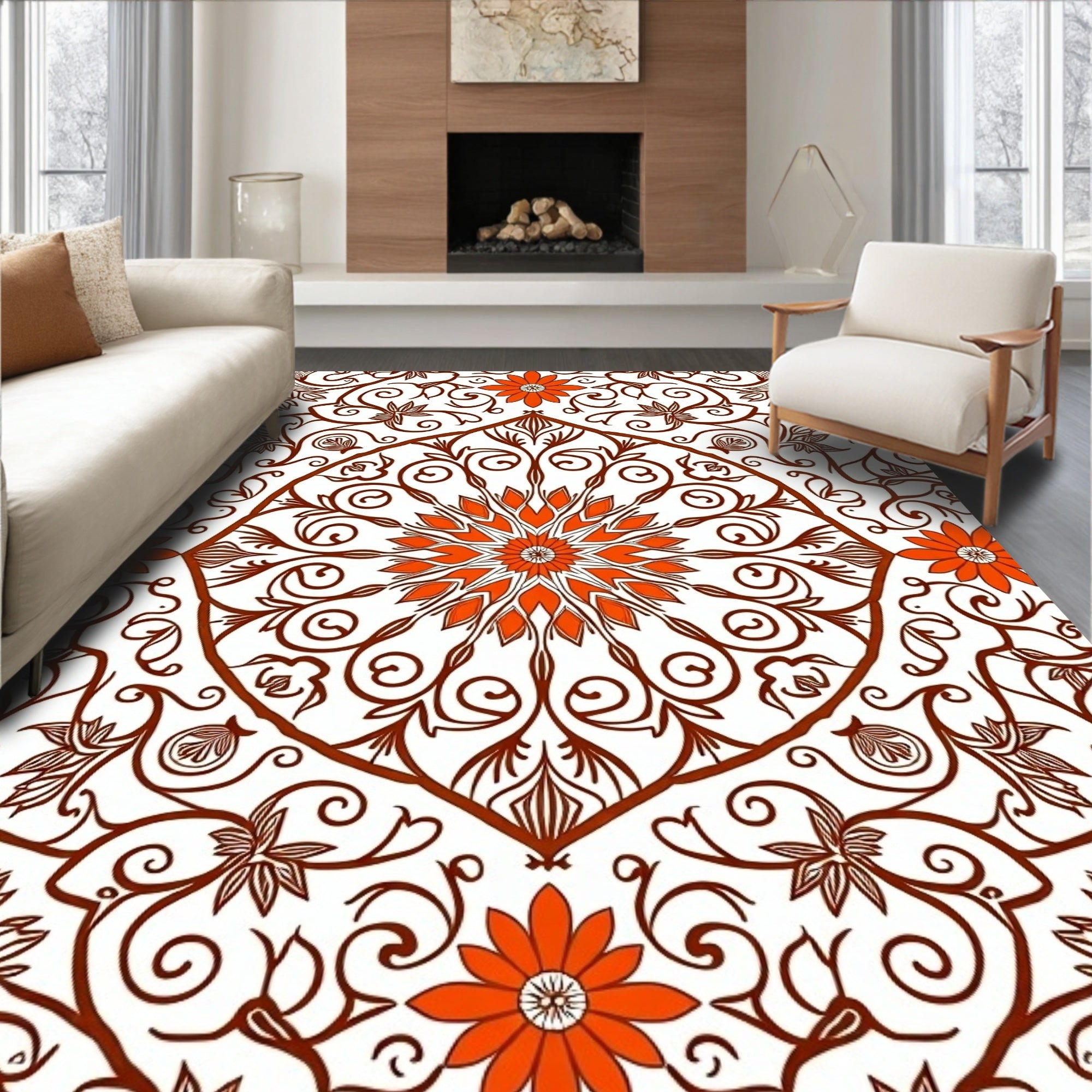 Orange Floral Mandala Scrollwork Medallion Rug