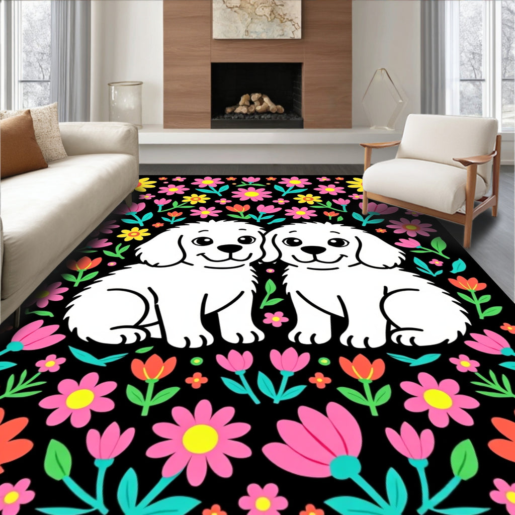 Happy Puppies Floral Garden Rug