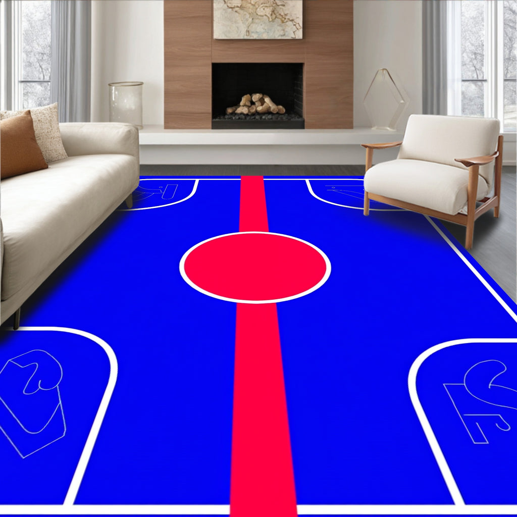 Bold Blue Graphic Red Symbol Medallion Rug
