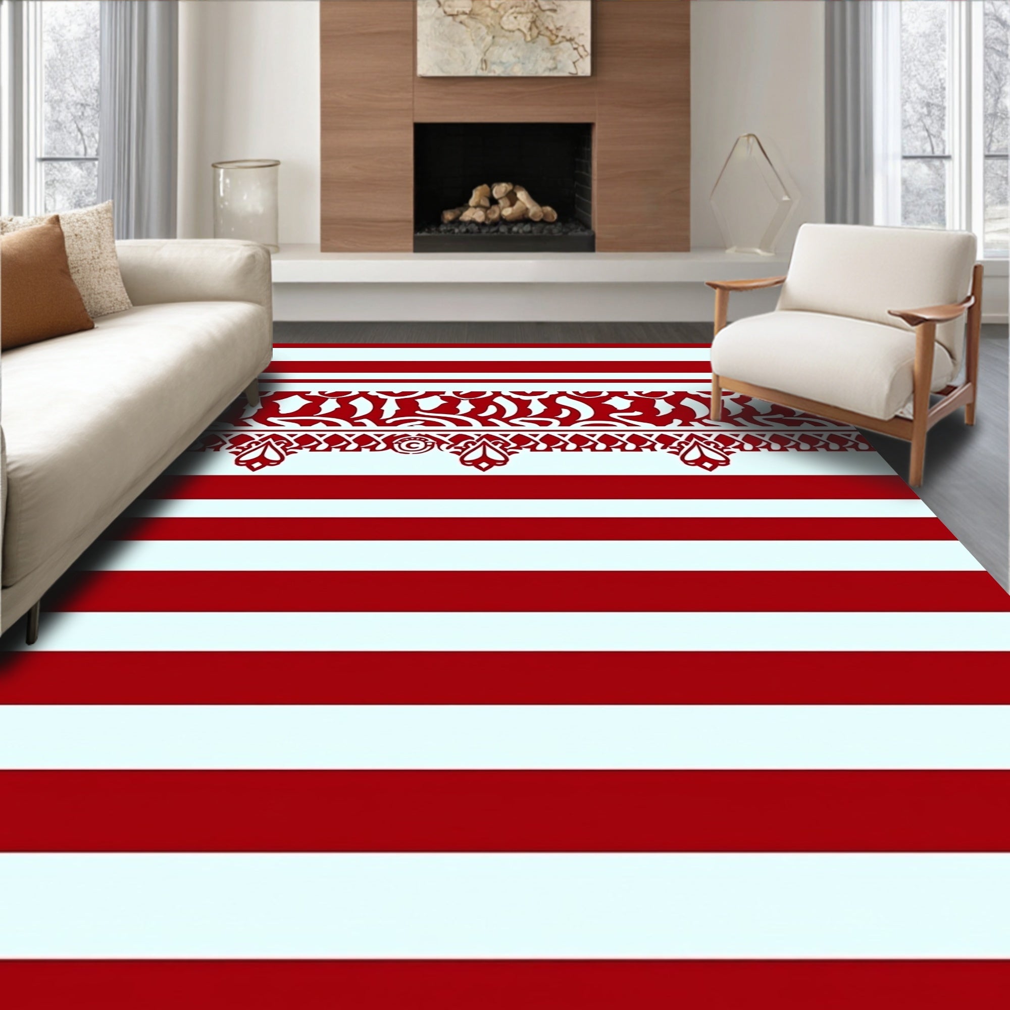 Crimson White Striped Arabesque Rug