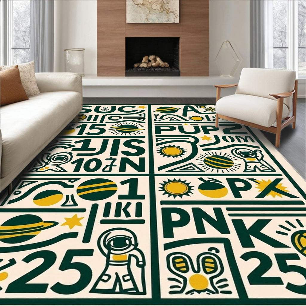 Cosmic Space Adventure Yellow Green Rug