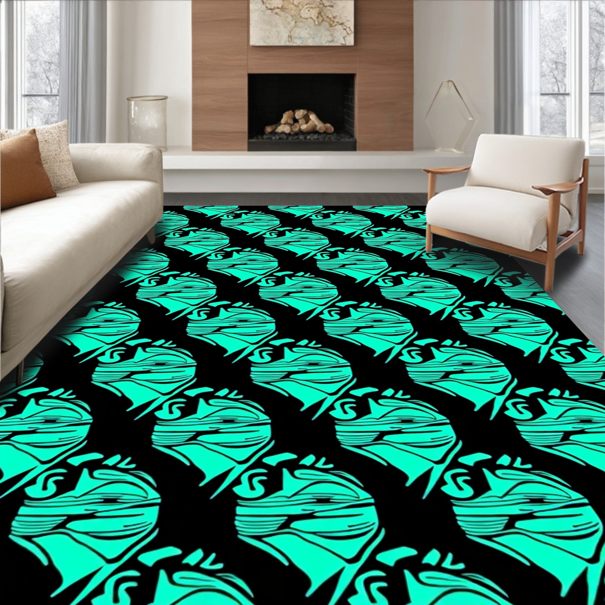 Bold Teal Abstract Geometric Head Rug