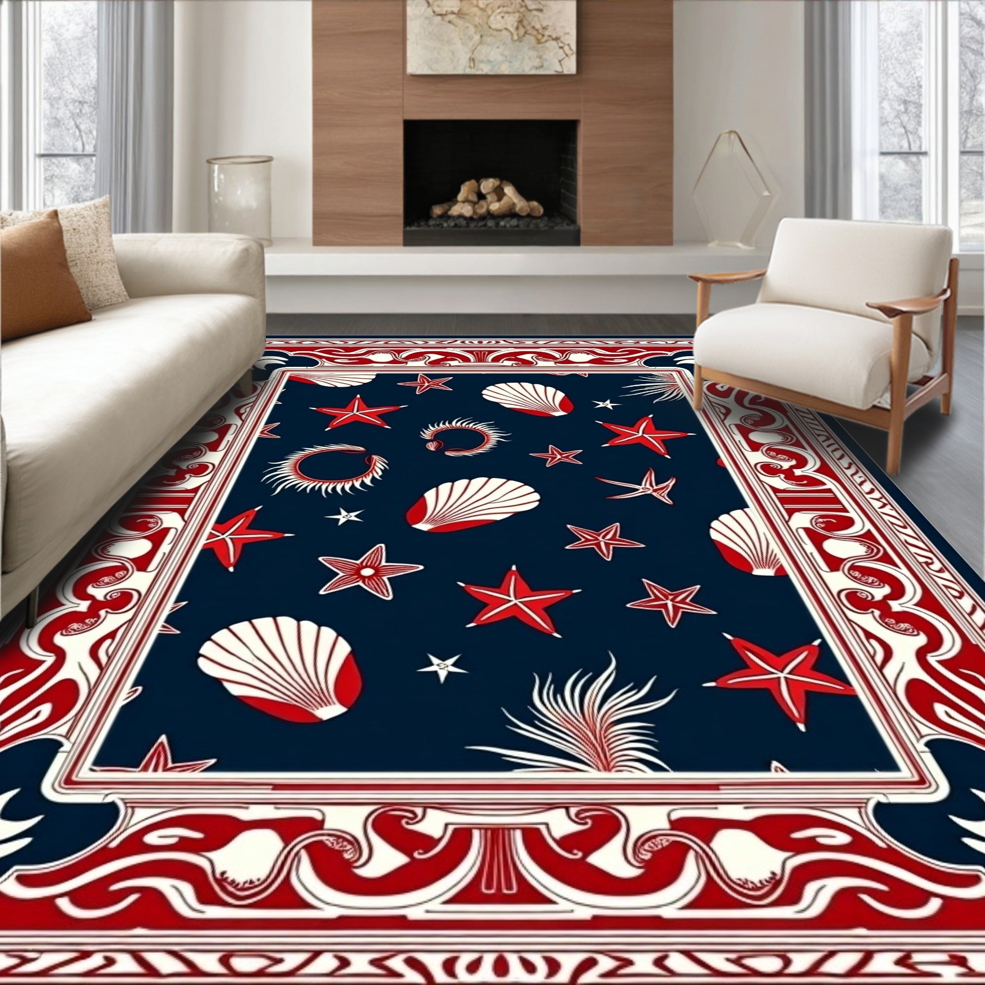 Navy Red White Seashell Starfish Charm Rug