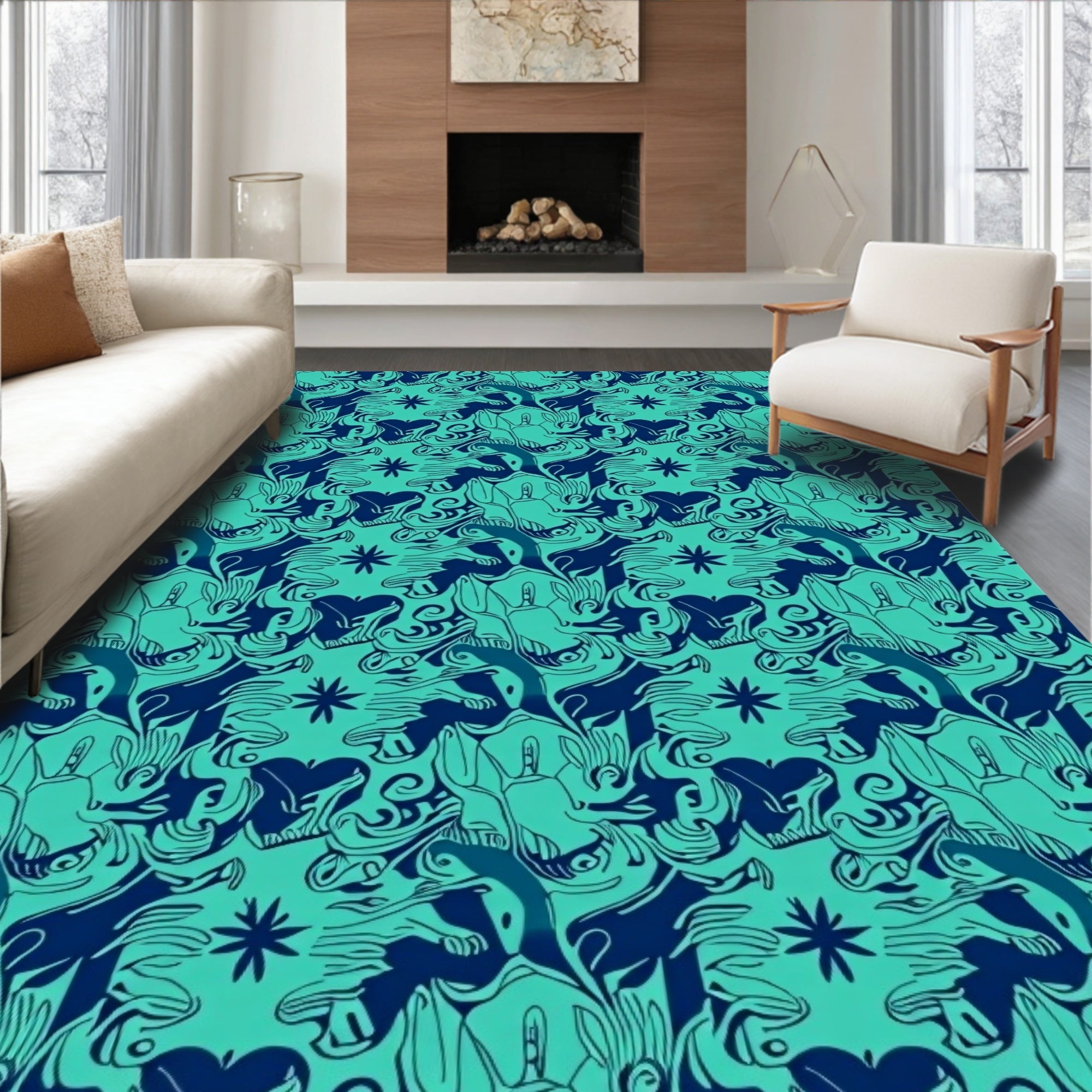 Deep Teal Abstract Swirls and Hearts Rug