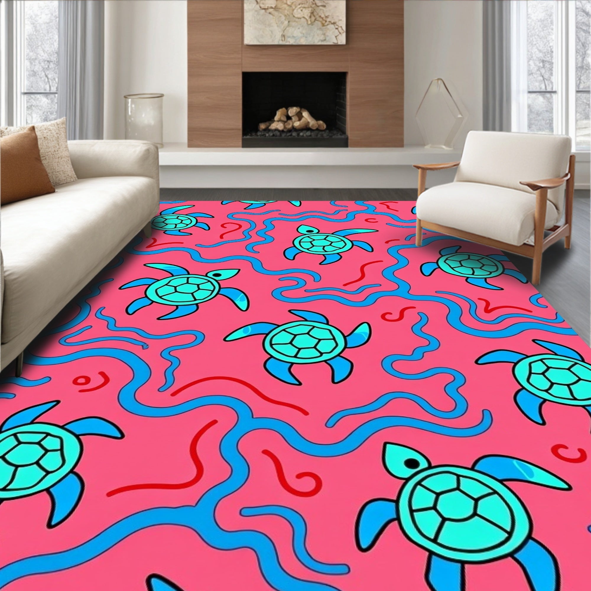 Whimsical Pink Blue Turtle Waves Rug