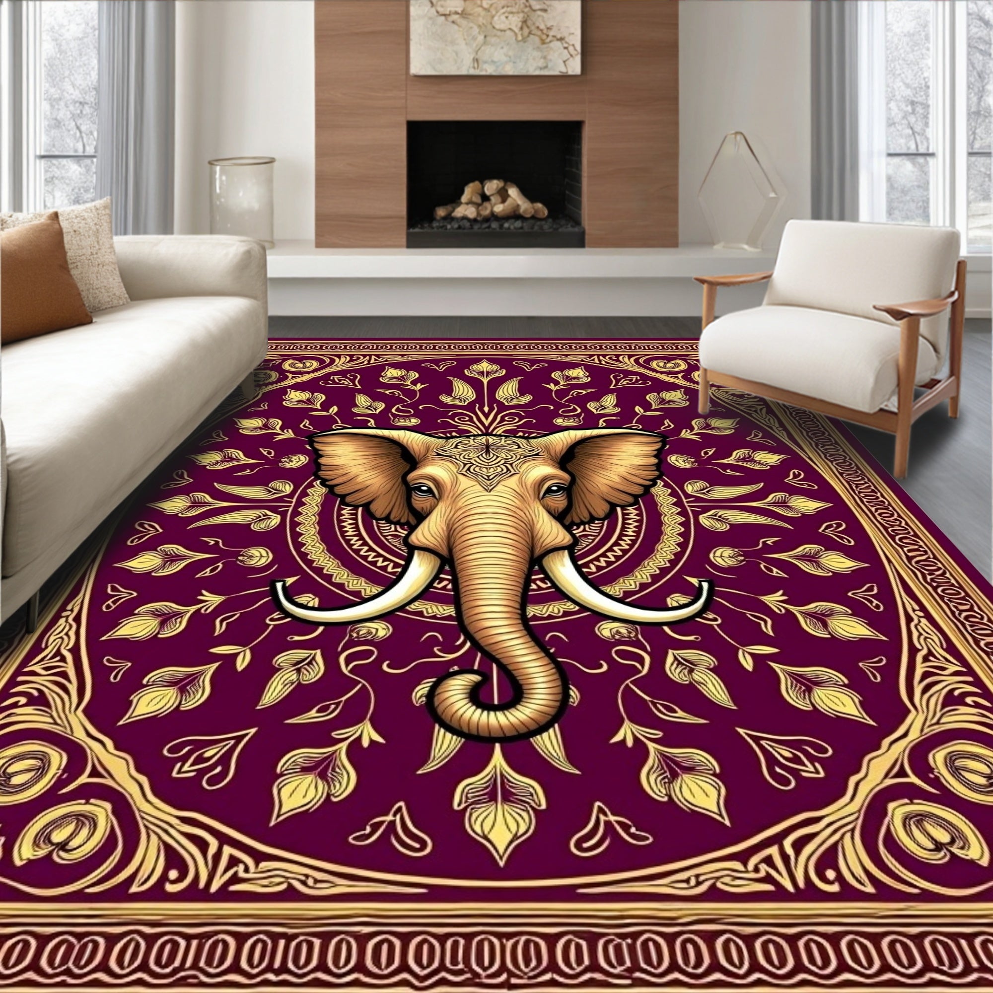 Golden Elephant Plum Mandala Rug