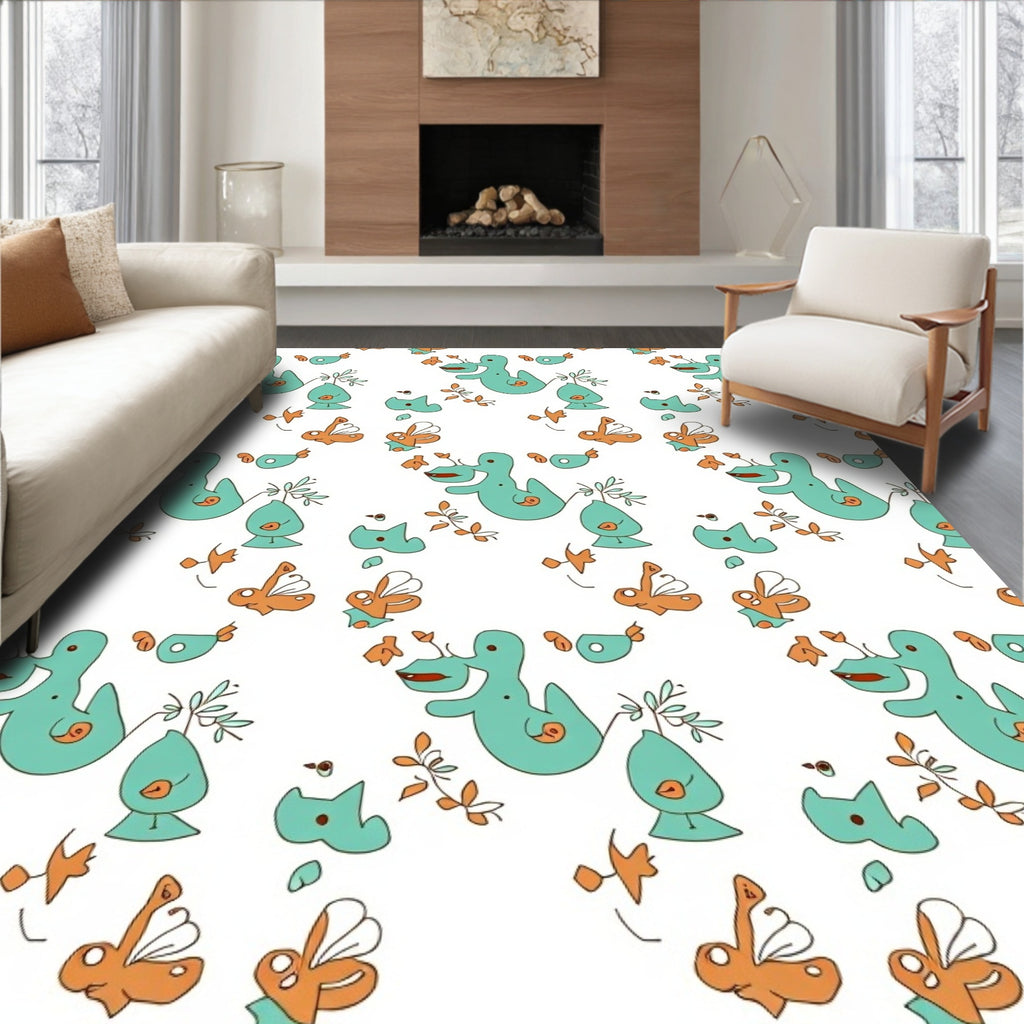 Whimsical Teal Orange Ducklings Garden Rug