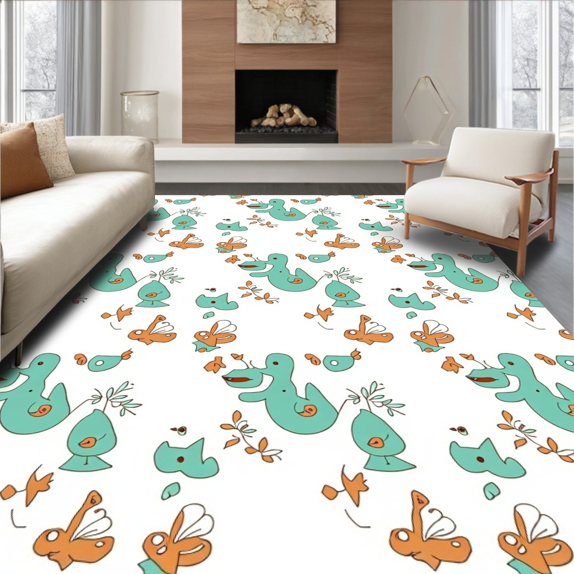 Whimsical Teal Orange Ducklings Garden Rug