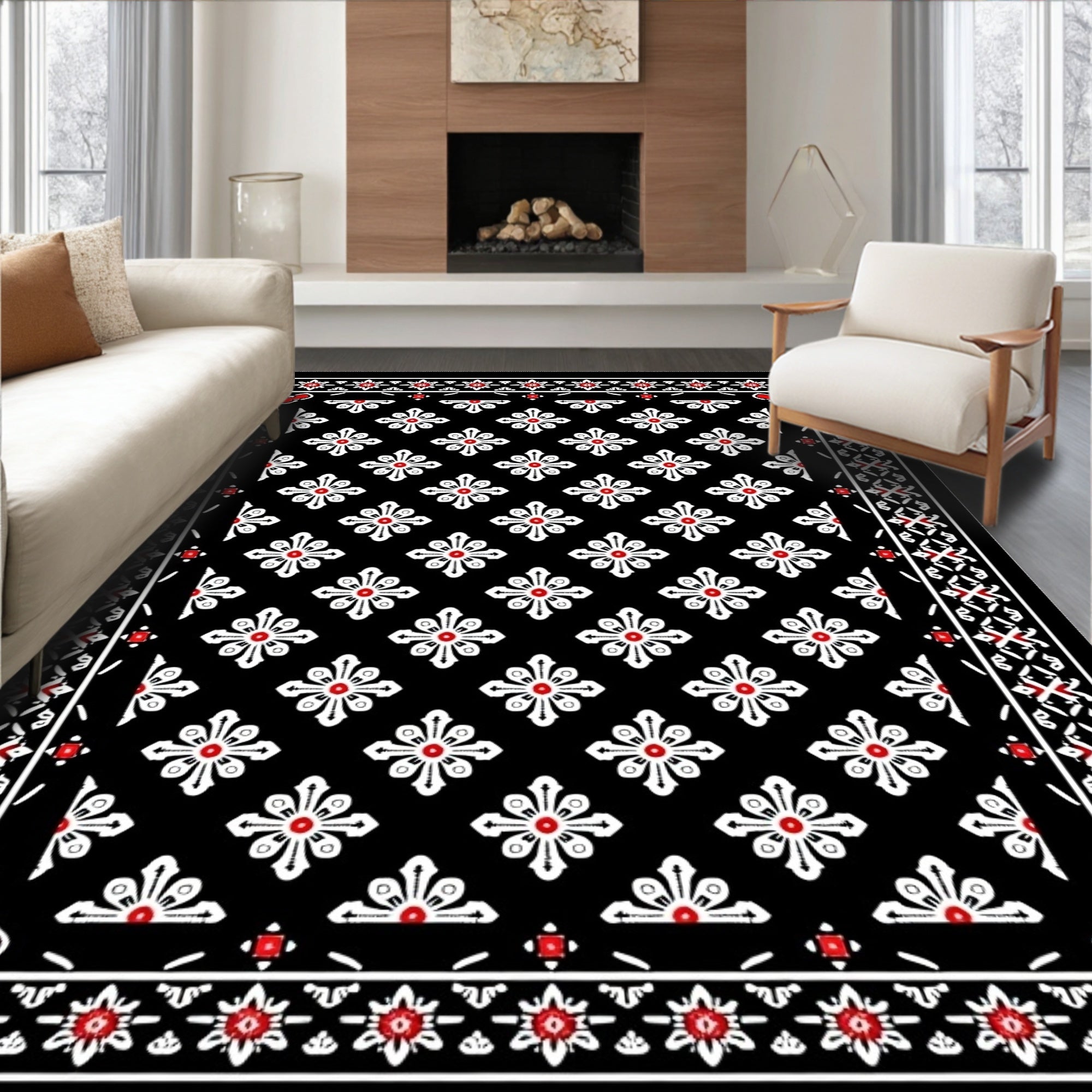 Black White Red Floral Medallion Rug