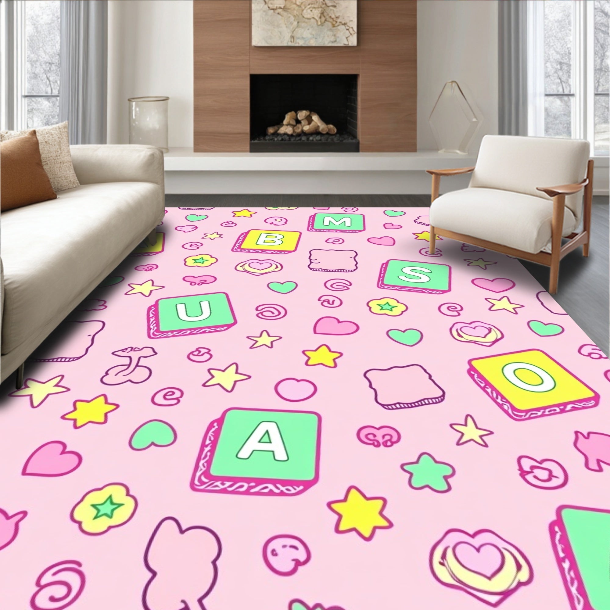 Fun Pink Alphabet Blocks Star Hearts Rug