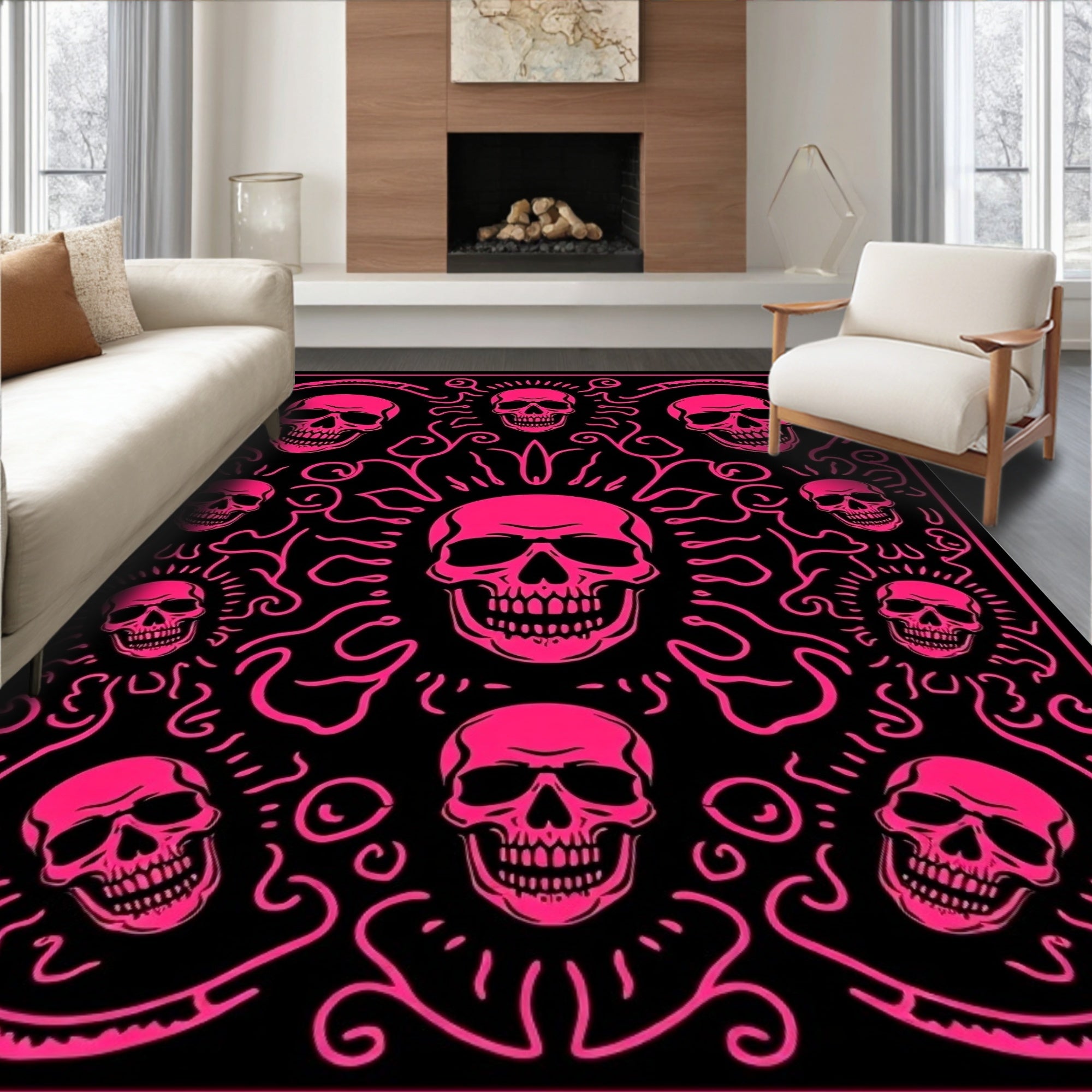 Vibrant Pink Skulls Black Art Rug