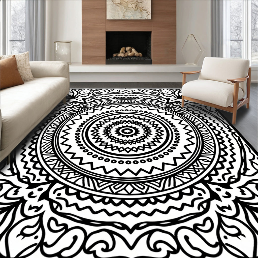 Black White Floral Mandala Ornament Rug
