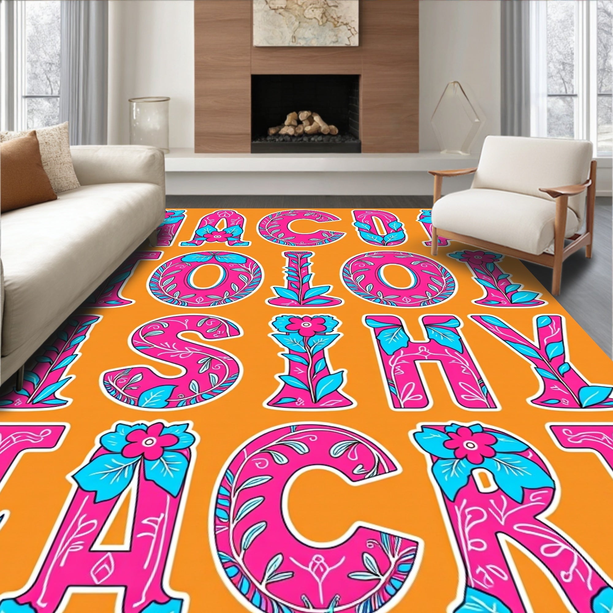 Vibrant Pink Blue Floral Alphabet Art Rug