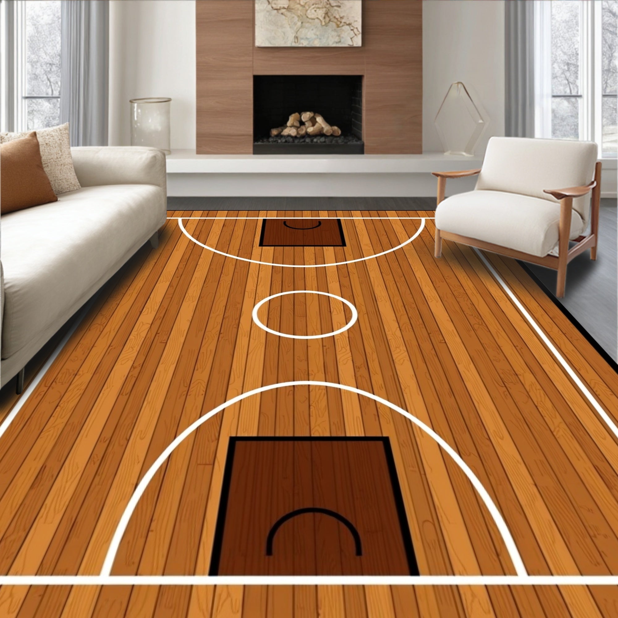 Wooden Basketball Court Lines Rug