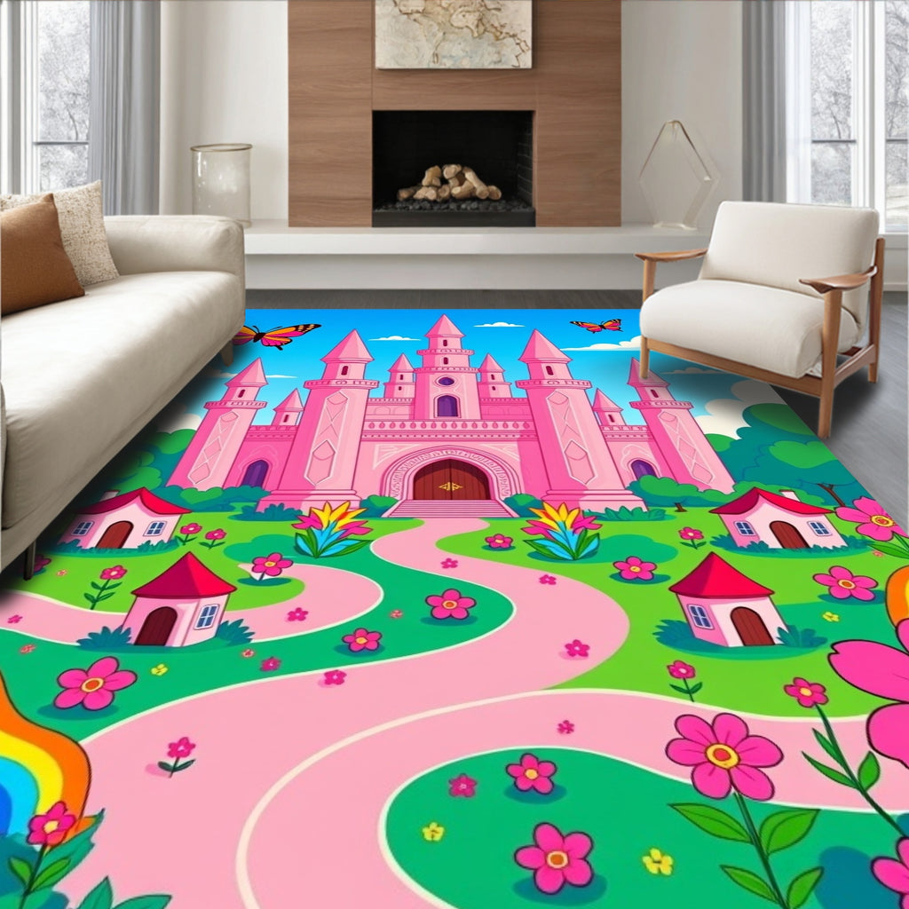 Pink Castle Butterflies Rainbow Flowers Rug