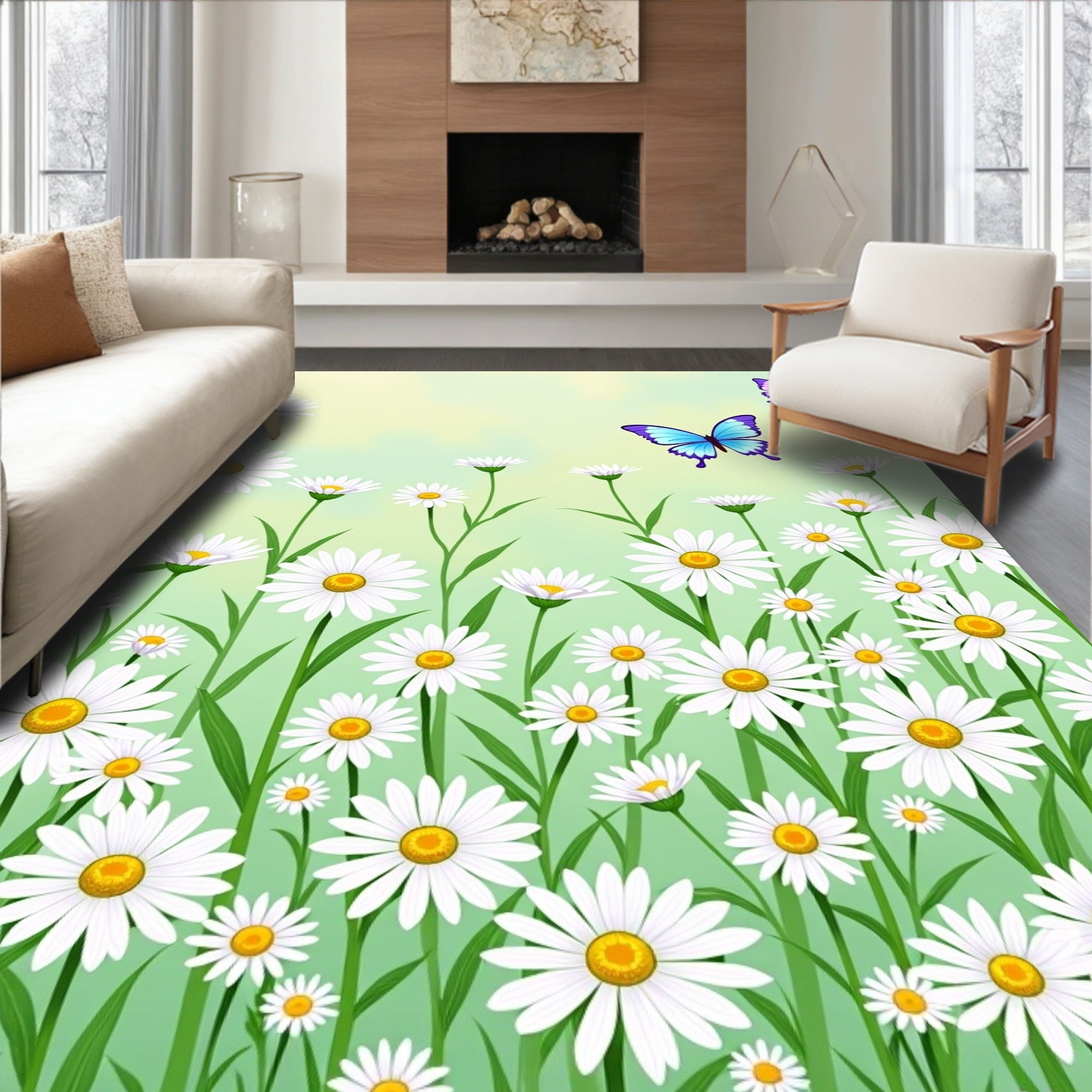 Field of Daisies With Purple Butterflies Rug